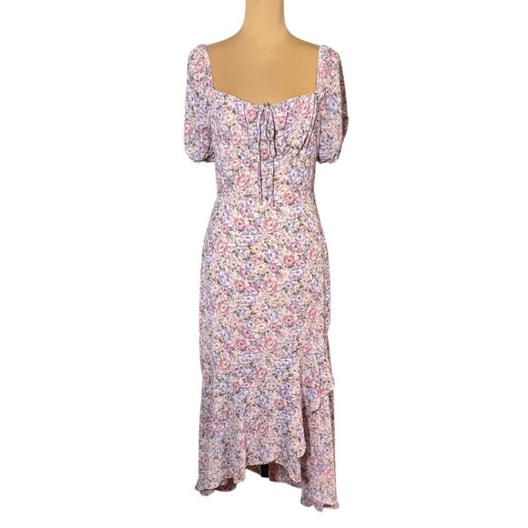 ASTR the Label Bow Tie Ruffle Midi Dress SZ M Pink Purple Floral Milkmaid - Picture 2 of 14